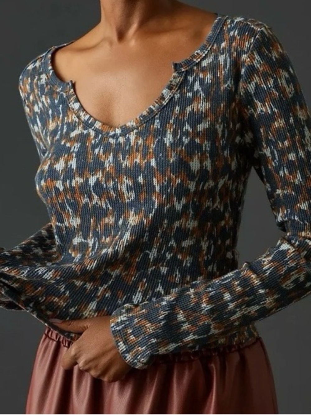 🧺ANTHROPOLOGIE Pilcro Notched Waffle Knit Long Sleeve Top - XS - NWT